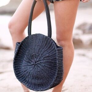 Urban Outfitters Large Round Straw Tote Bag Dark Gray Minimalist Summer Coastal